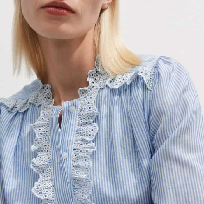 Broderie inserts and ruffled trims add a feminine finish to the piece.