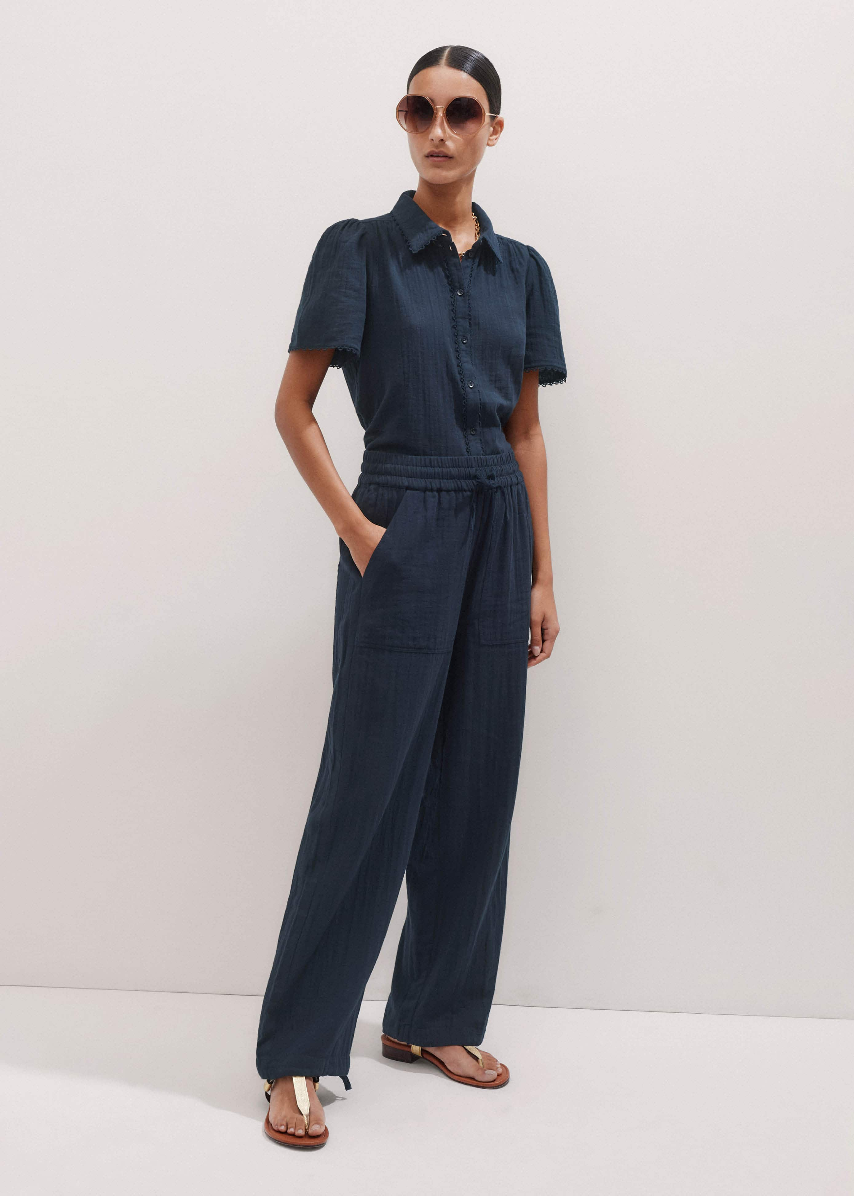 Cheesecloth Trim Detail Blouse + Trouser Co-ord