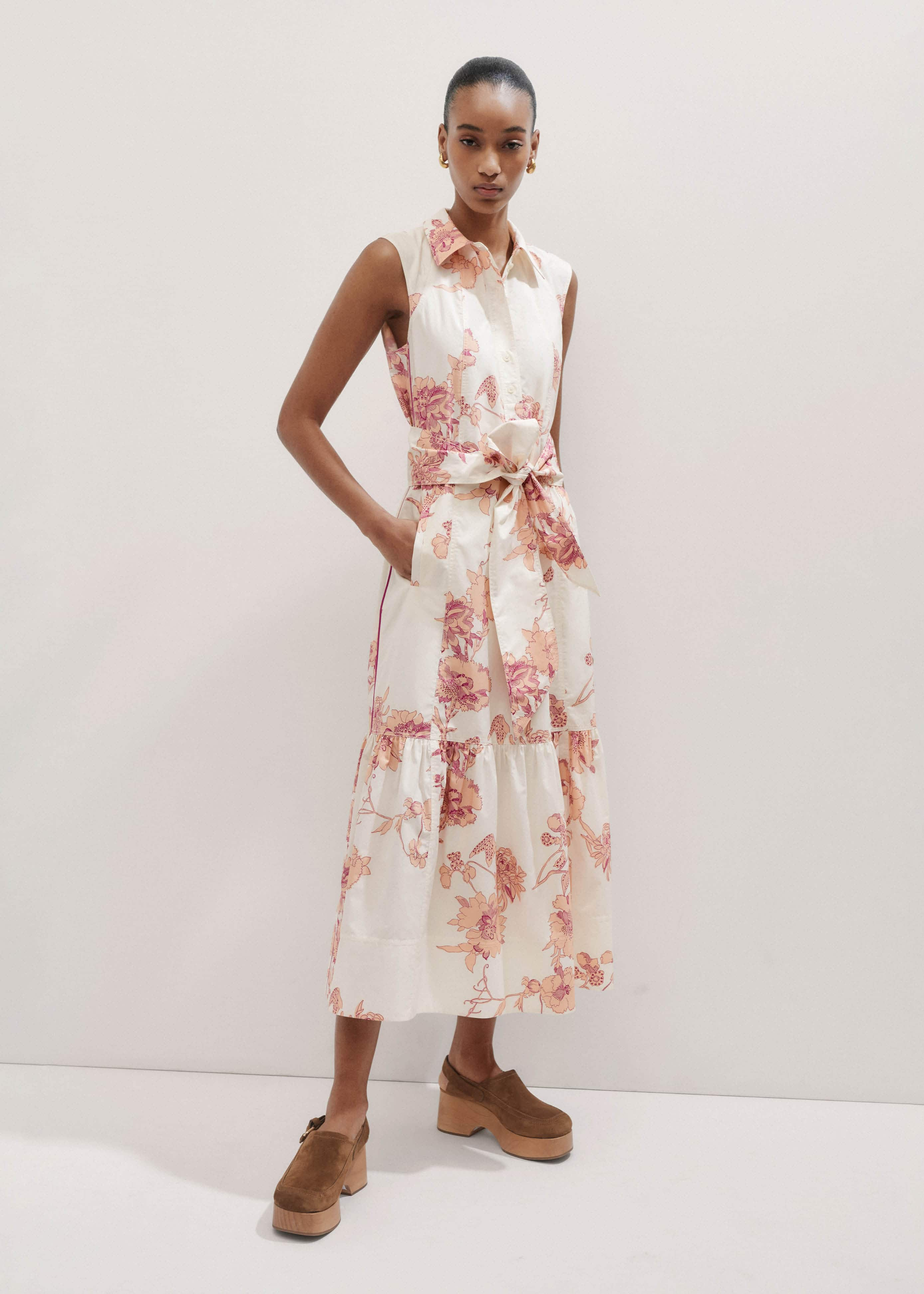 Cotton Scribbled Floral Print Maxi Shirt Dress + Belt