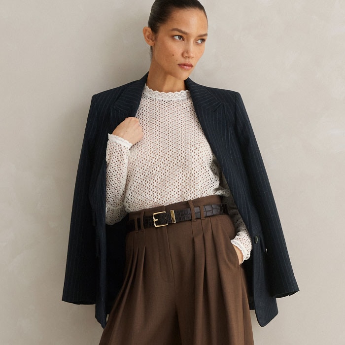 Pair it with our High Waisted Multi Pleat Trouser + Belt and Croc-Embossed Leather Belt to cinch in your waist.