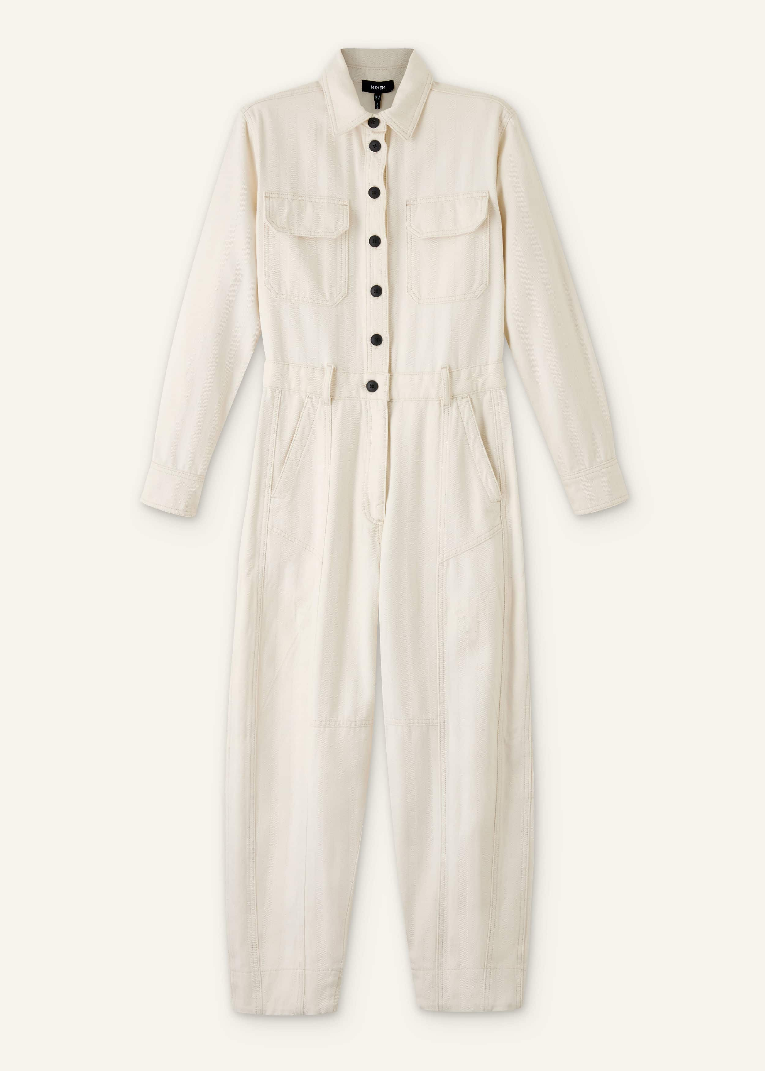 Women's Cream Cotton Herringbone Utility Jumpsuit | ME+EM