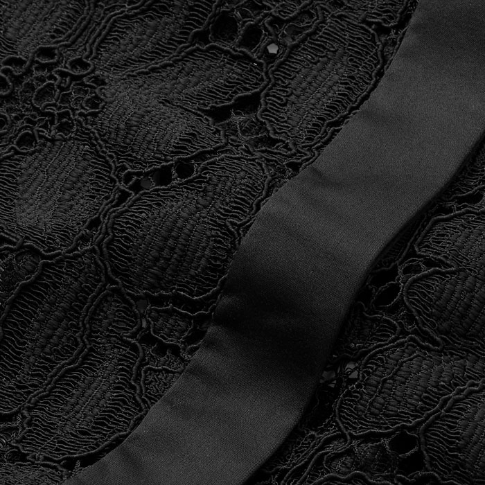 Guipure is a heavy lace construction. This version features a feminine floral design that holds its shape yet is comfortable to wear to any occasion.