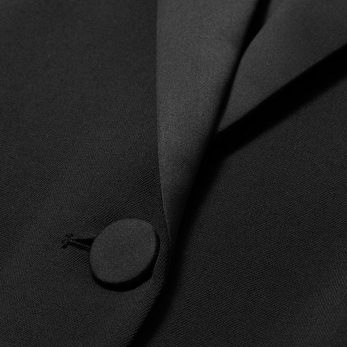 Wool-blend tailoring fabric, with Italian satin trim.