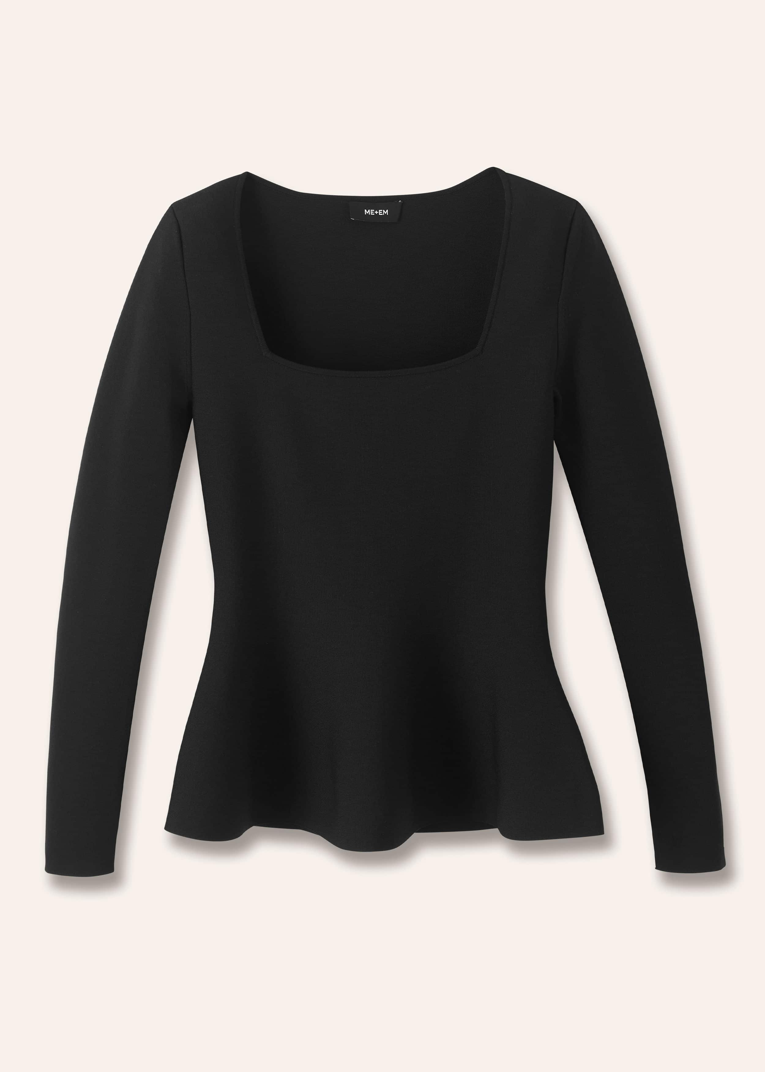 Women s Black Structured Peplum Long Sleeve Knit Top ME EM